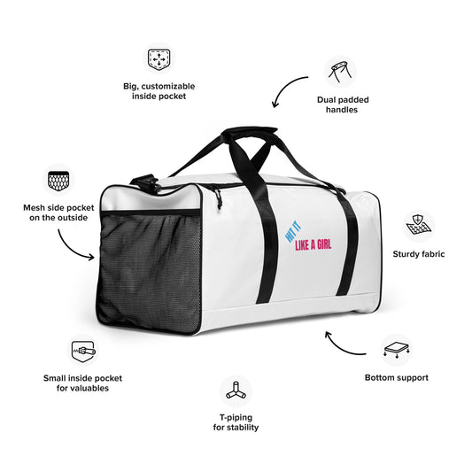 White Hit It Like A Girl duffel bag with labeled features including mesh side pocket, padded handles, sturdy fabric, and customizable inside pocket