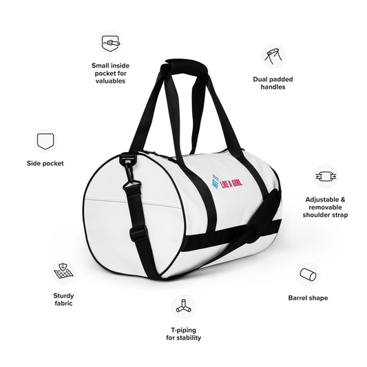 Sporty white and black training bag featuring bold ‘Hit It Like a Girl’ branding—perfect for the gym, practice, or weekend travel.