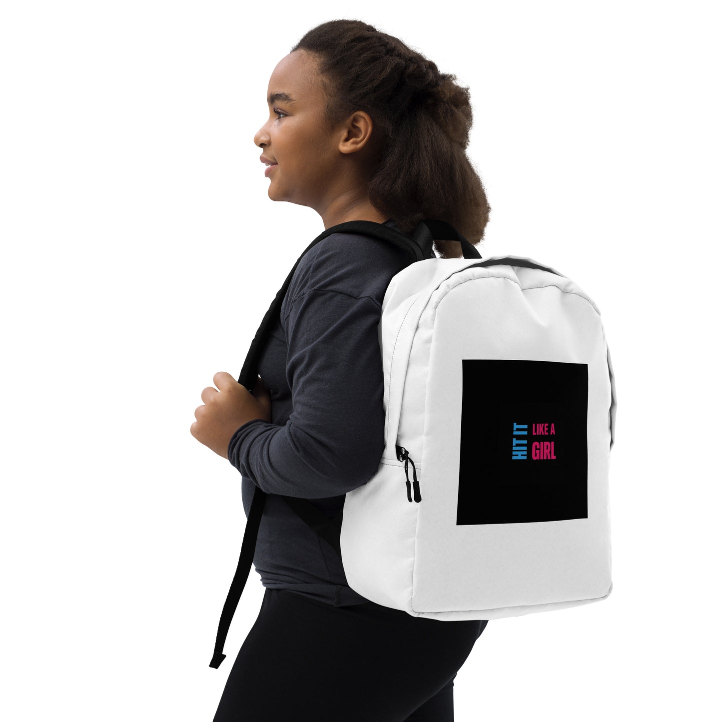 Minimalist white backpack for girls featuring Hit It Like a Girl logo — perfect for school, sports, or everyday confidence.