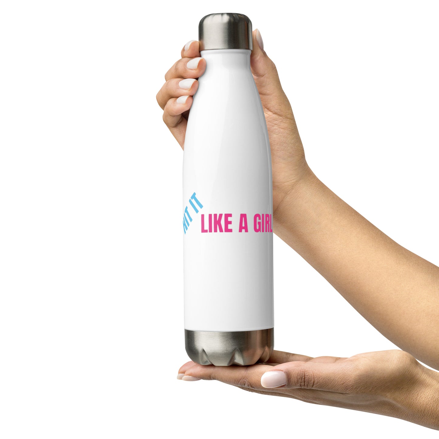 White insulated stainless steel water bottle with ‘Hit It Like a Girl’ pink and blue logo—sleek hydration for bold female athletes.