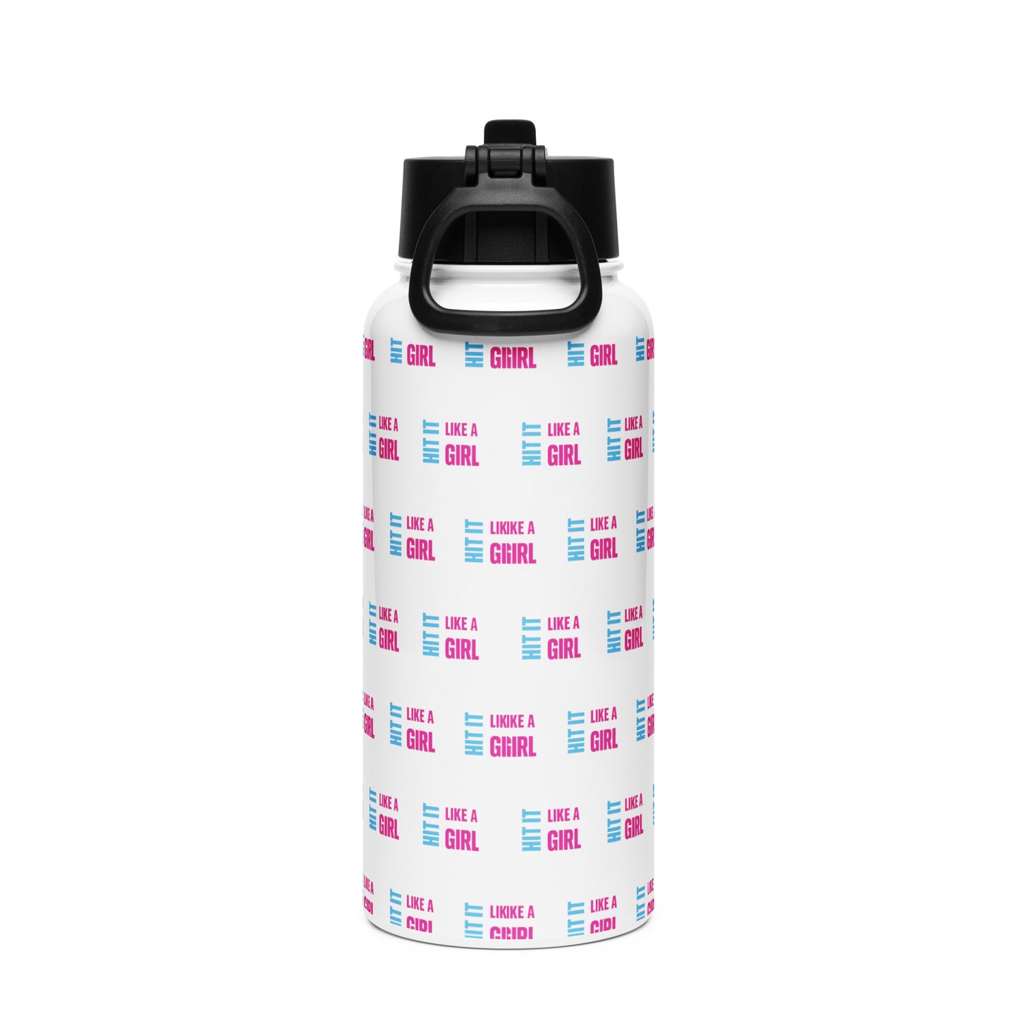 Empowering water bottle covered in repeating Hit It Like a Girl logos — stylish and functional drinkware for confident women.