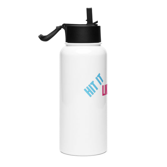White stainless steel water bottle with bold 'Hit It Like a Girl' text in blue and pink—perfect for fierce female athletes on the go.