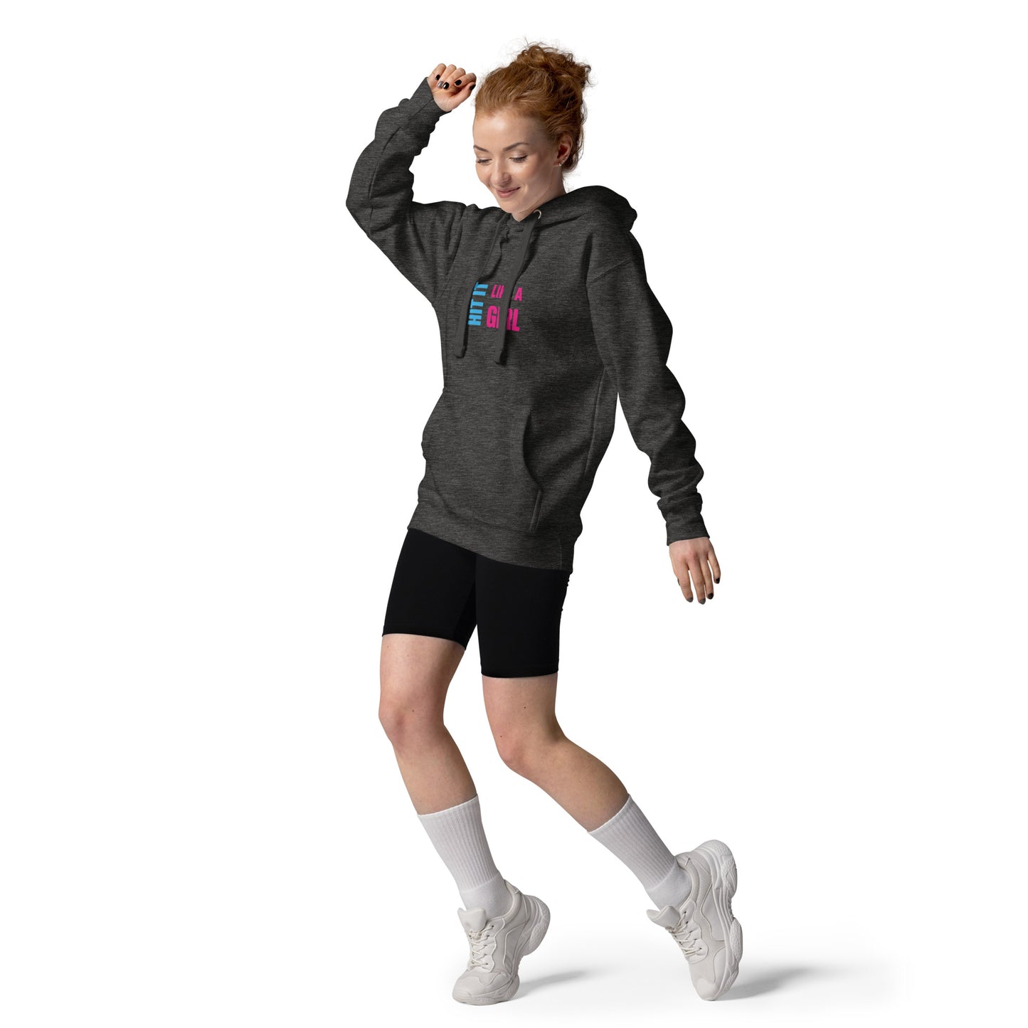 High-energy women’s hoodie outfit featuring the Hit It Like a Girl brand — sporty, fierce, and unapologetically strong.