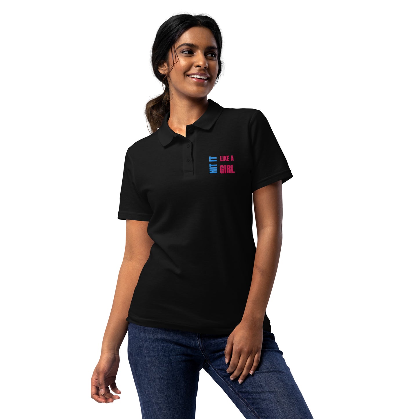 Hit It Like a Girl branded women’s polo in black — bold, stylish sportswear for tennis, golf, and athletic professionals.