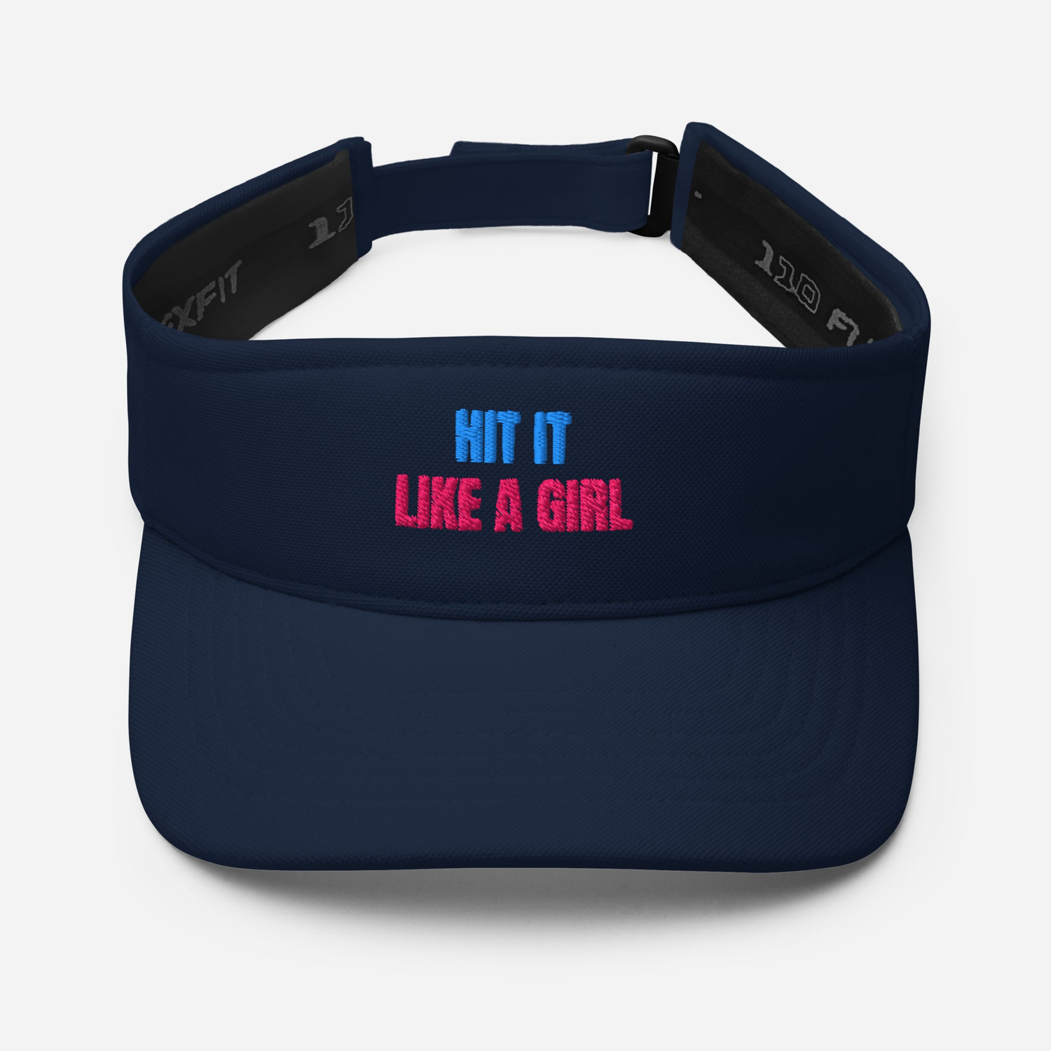 Navy blue tennis visor with “Hit It Like a Girl” embroidered in bold pink and blue text—performance headwear designed for fierce female tennis players.