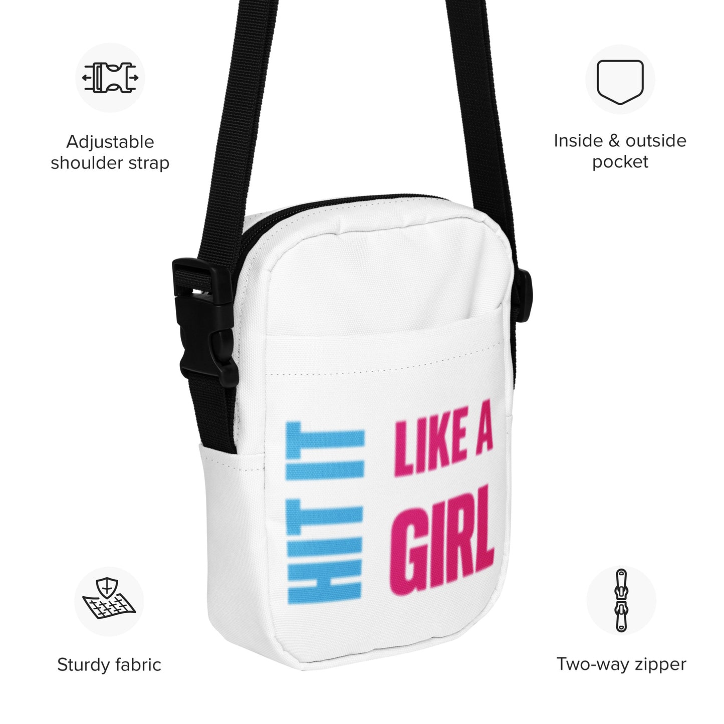 Small white crossbody bag with Hit It Like a Girl branding — versatile, hands-free carry option for workouts, errands, and casual wear.