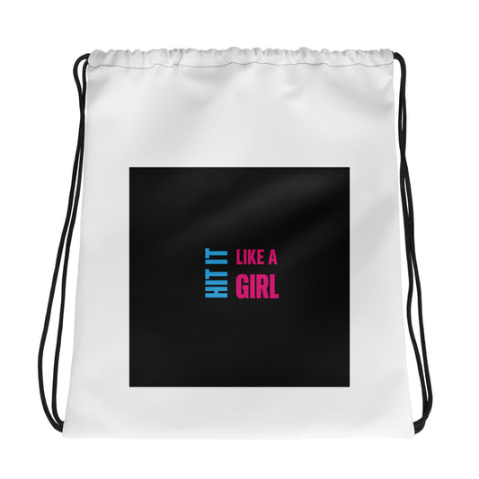 Hit It Like a Girl drawstring bag with black logo patch — bold, minimalist gym and lifestyle bag for confident athletes.
