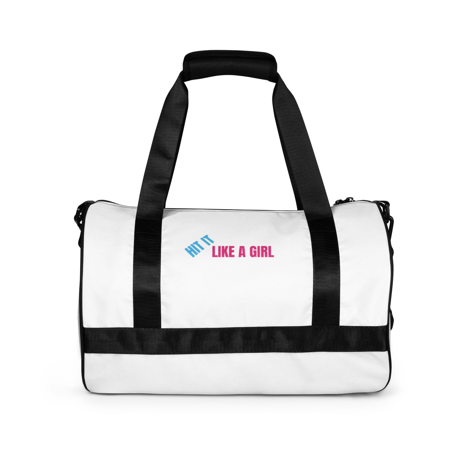 Empowering athletic duffel with padded shoulder strap and vibrant ‘Hit It Like a Girl’ design—built for hustle and movement.