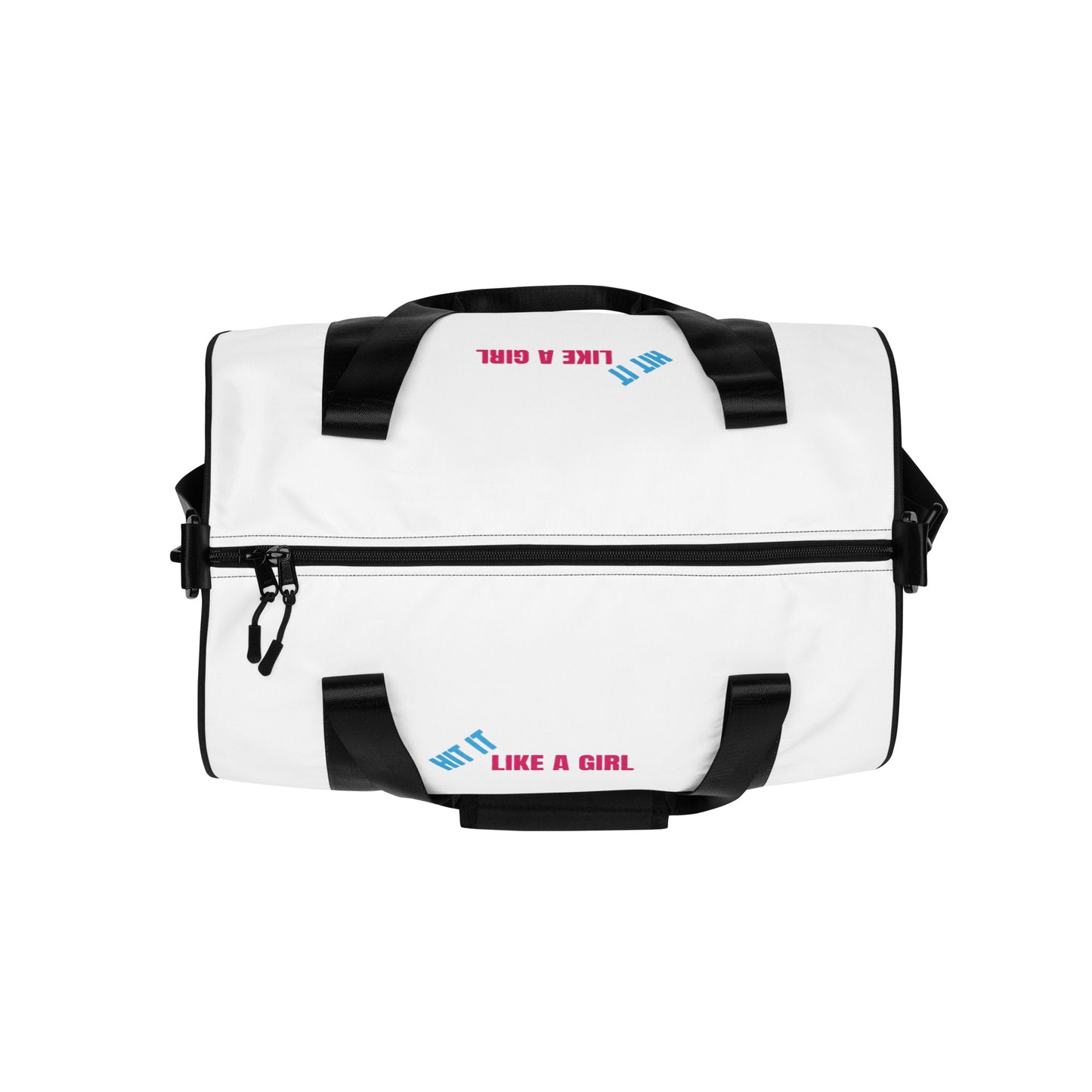Bold white gym bag with black detailing and empowering logo—versatile carryall for workouts, game days, and everyday grind.