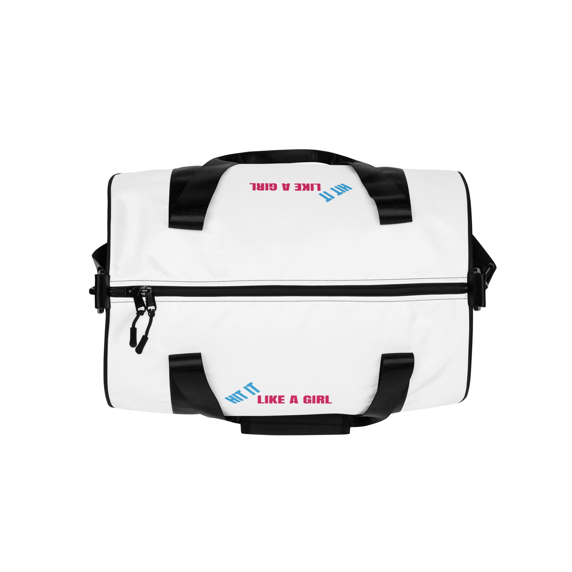 Bold white gym bag with black detailing and empowering logo—versatile carryall for workouts, game days, and everyday grind.
