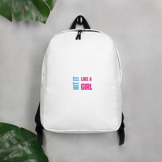 White Hit It Like a Girl backpack with bold pink and blue logo — minimalist and empowering everyday bag for athletes, students, and game-changers.