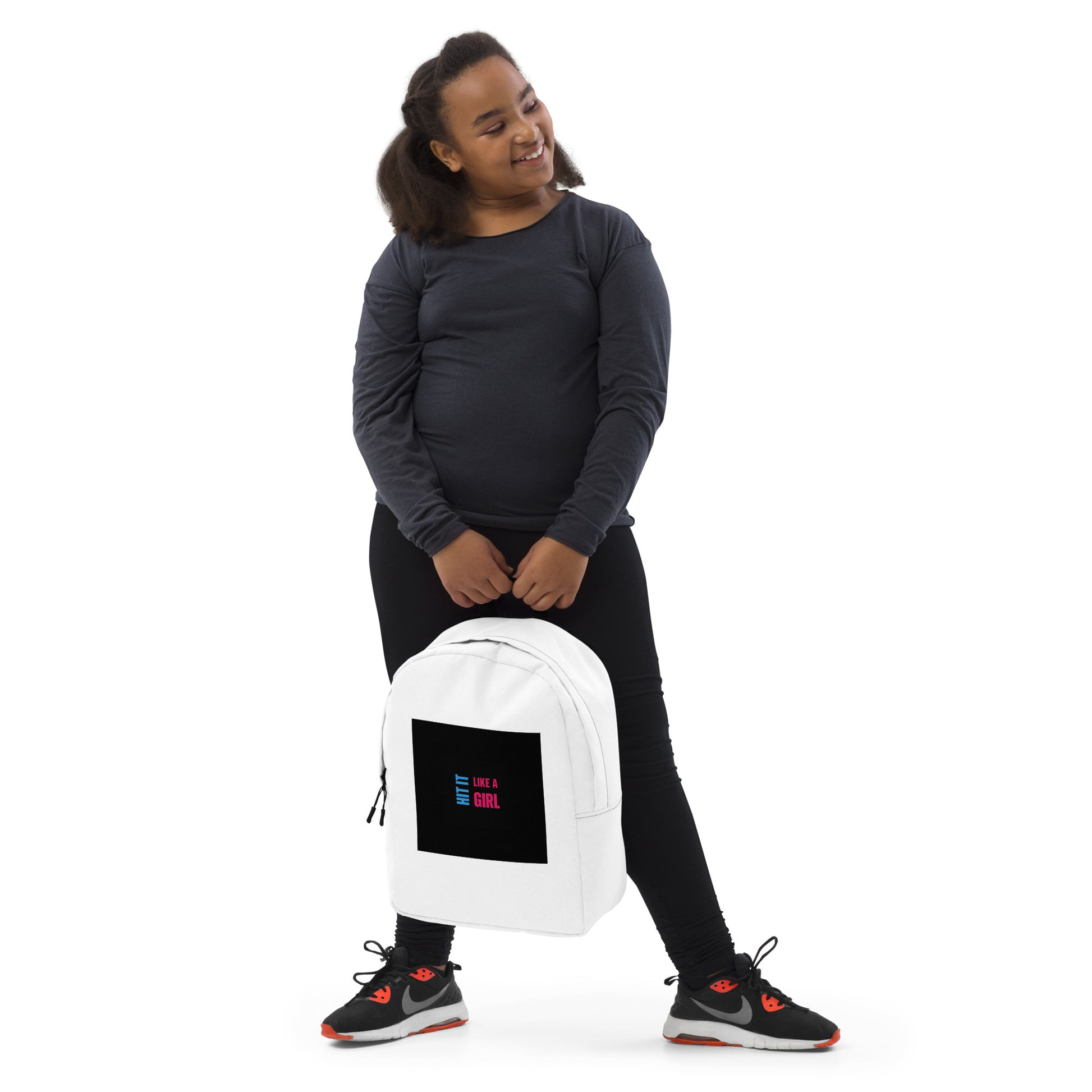 Minimalist white backpack for girls featuring Hit It Like a Girl logo — perfect for school, sports, or everyday confidence.