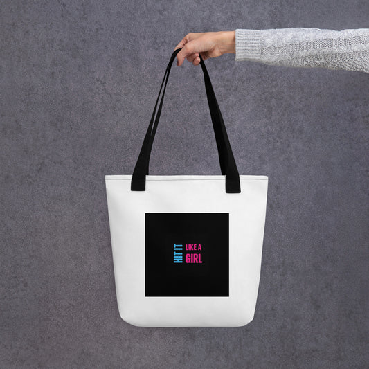 Hit It Like a Girl canvas tote with black square logo — minimalist and stylish bag for athletes, students, and game-changers.