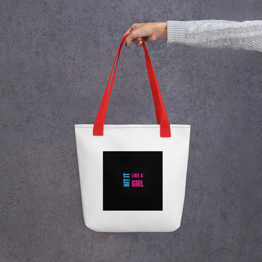 Modern athletic tote bag with empowering Hit It Like a Girl text — versatile accessory for sports, school, and lifestyle.