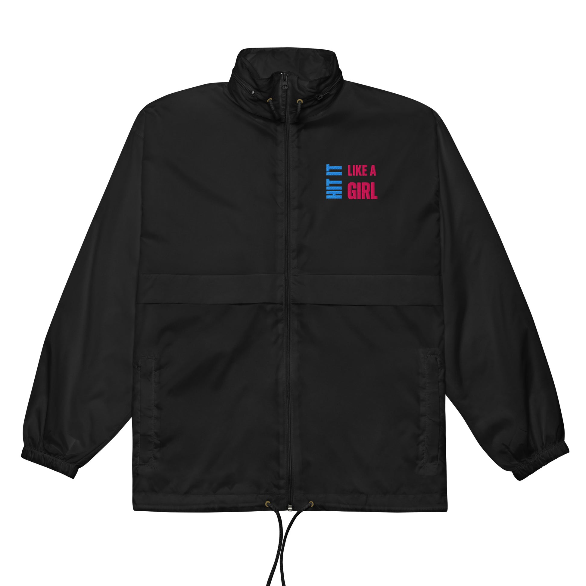 Black windbreaker jacket with Hit It Like a Girl logo — sleek and empowering outerwear for bold female athletes.