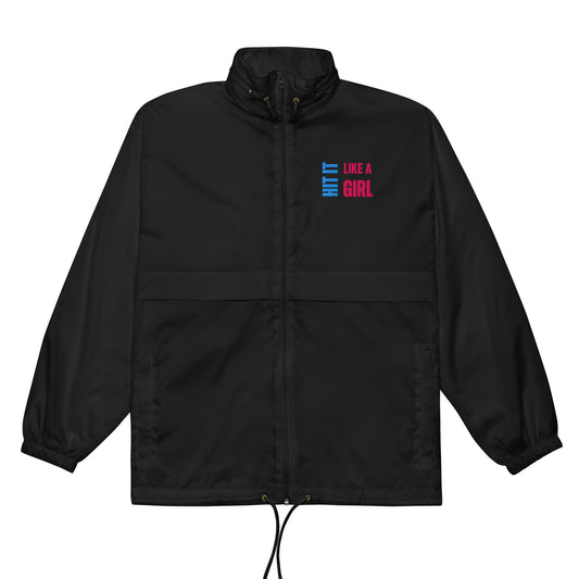 Black windbreaker jacket with Hit It Like a Girl logo — sleek and empowering outerwear for bold female athletes.