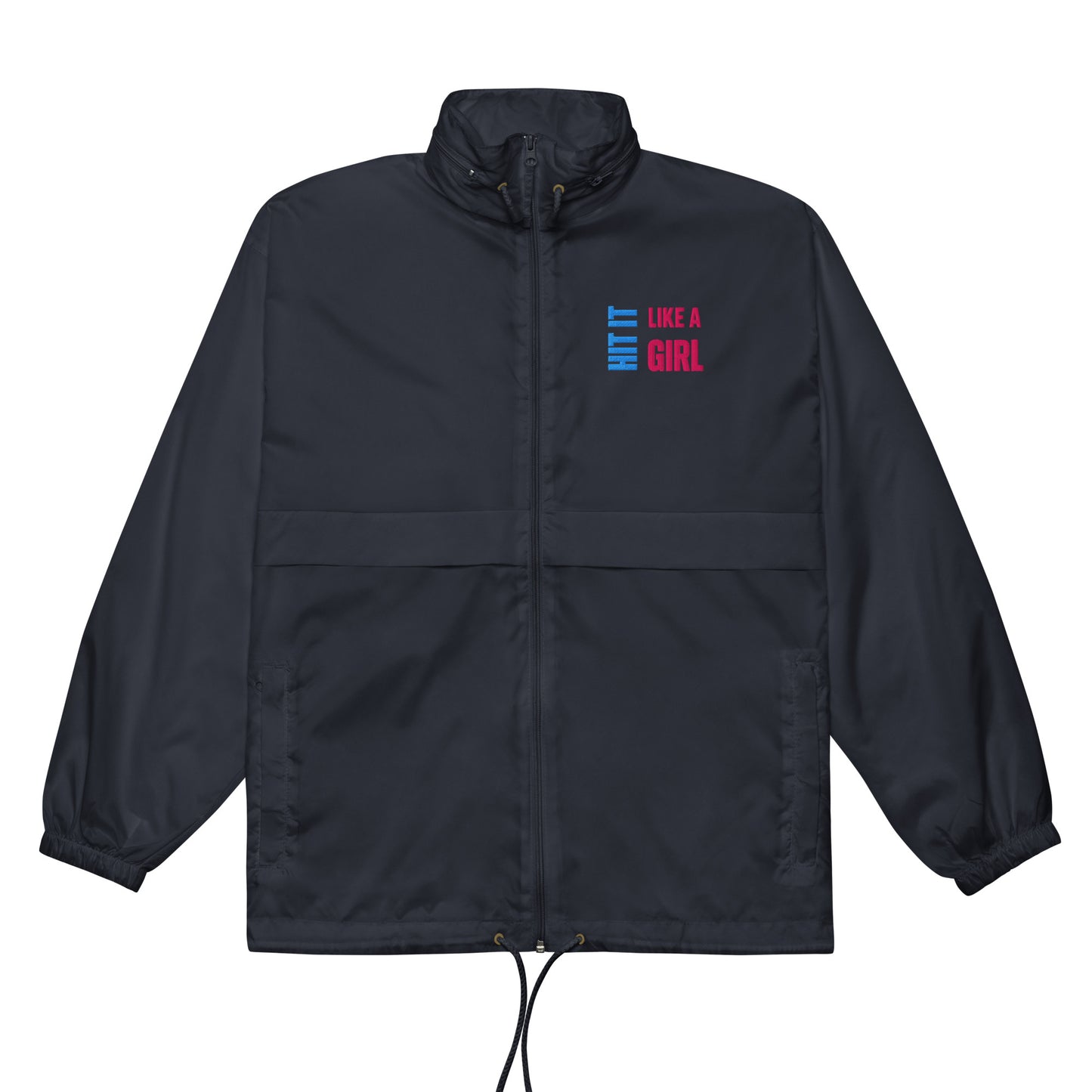 Empowering windbreaker for active women — Hit It Like a Girl navy jacket with bold pink and blue logo.