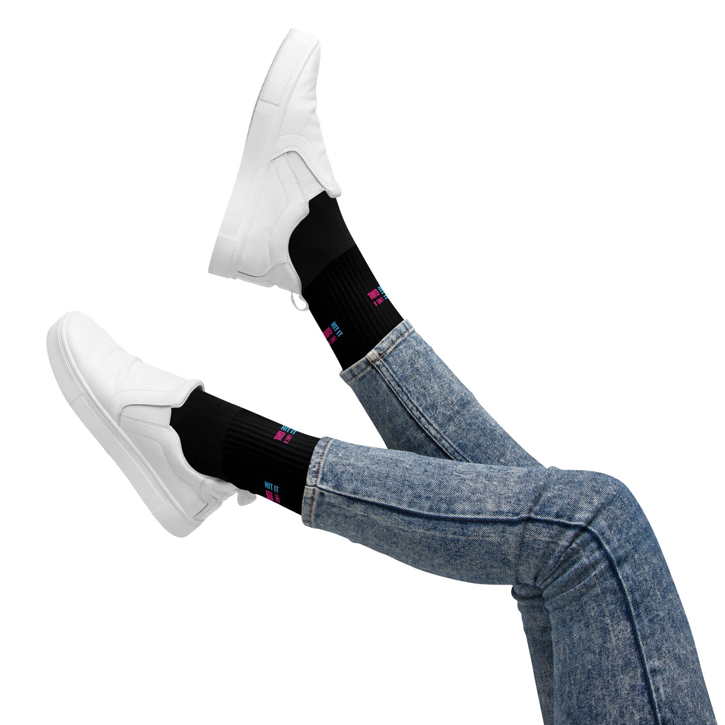 Hit It Like a Girl athletic crew socks — compression-ready black socks with bold feminist branding for athletes.