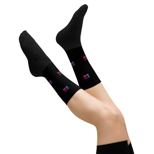 Branded Hit It Like a Girl socks in black with logo detail — statement performance gear for tennis, volleyball, or gym days.