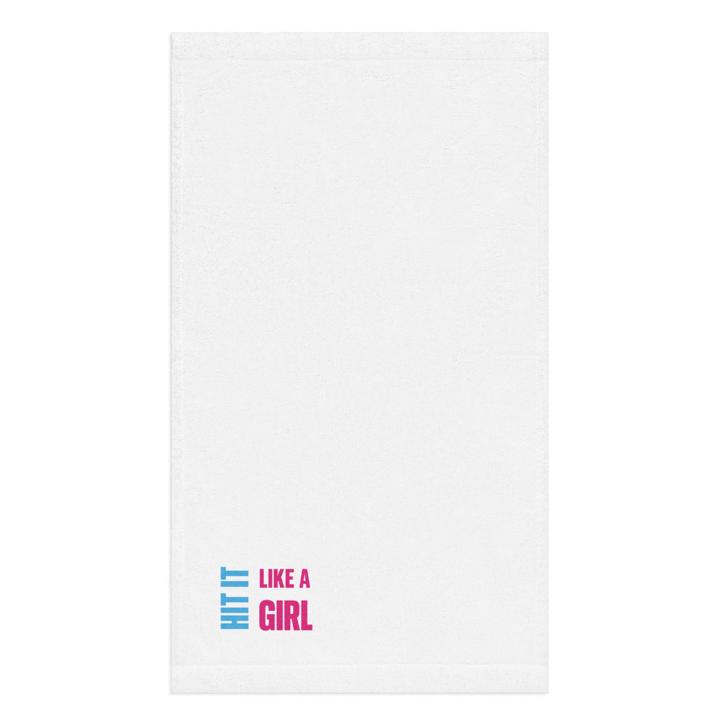 White towel with Hit It Like a Girl logo in pink and blue at the corner — bold, empowering design for gym, beach, or courtside.