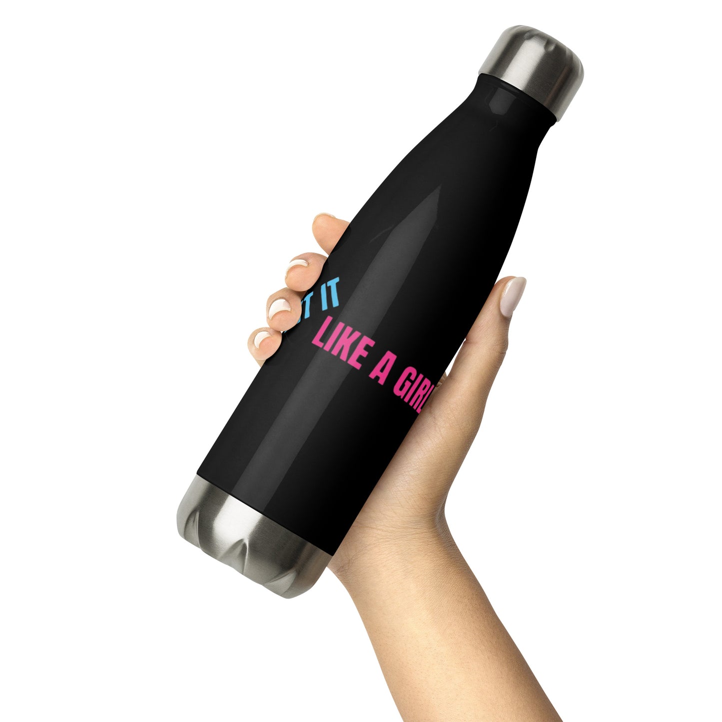 Sleek black athletic bottle with leak-proof cap and 'Hit It Like a Girl' branding—durable and fierce for everyday training.
