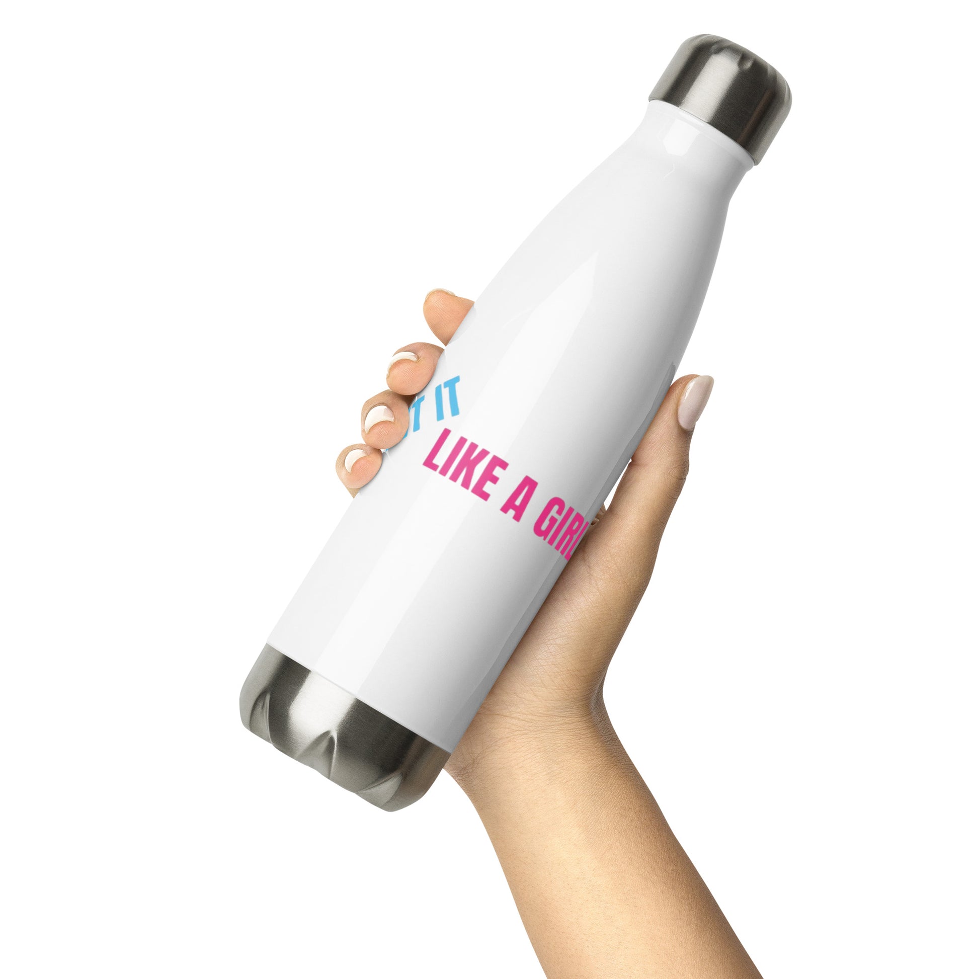 Minimalist white sports bottle with leak-proof lid and empowering ‘Hit It Like a Girl’ branding—perfect for workouts and game days.