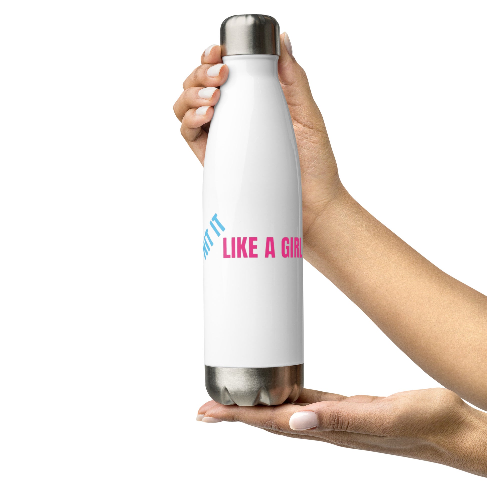 White insulated stainless steel water bottle with ‘Hit It Like a Girl’ pink and blue logo—sleek hydration for bold female athletes.