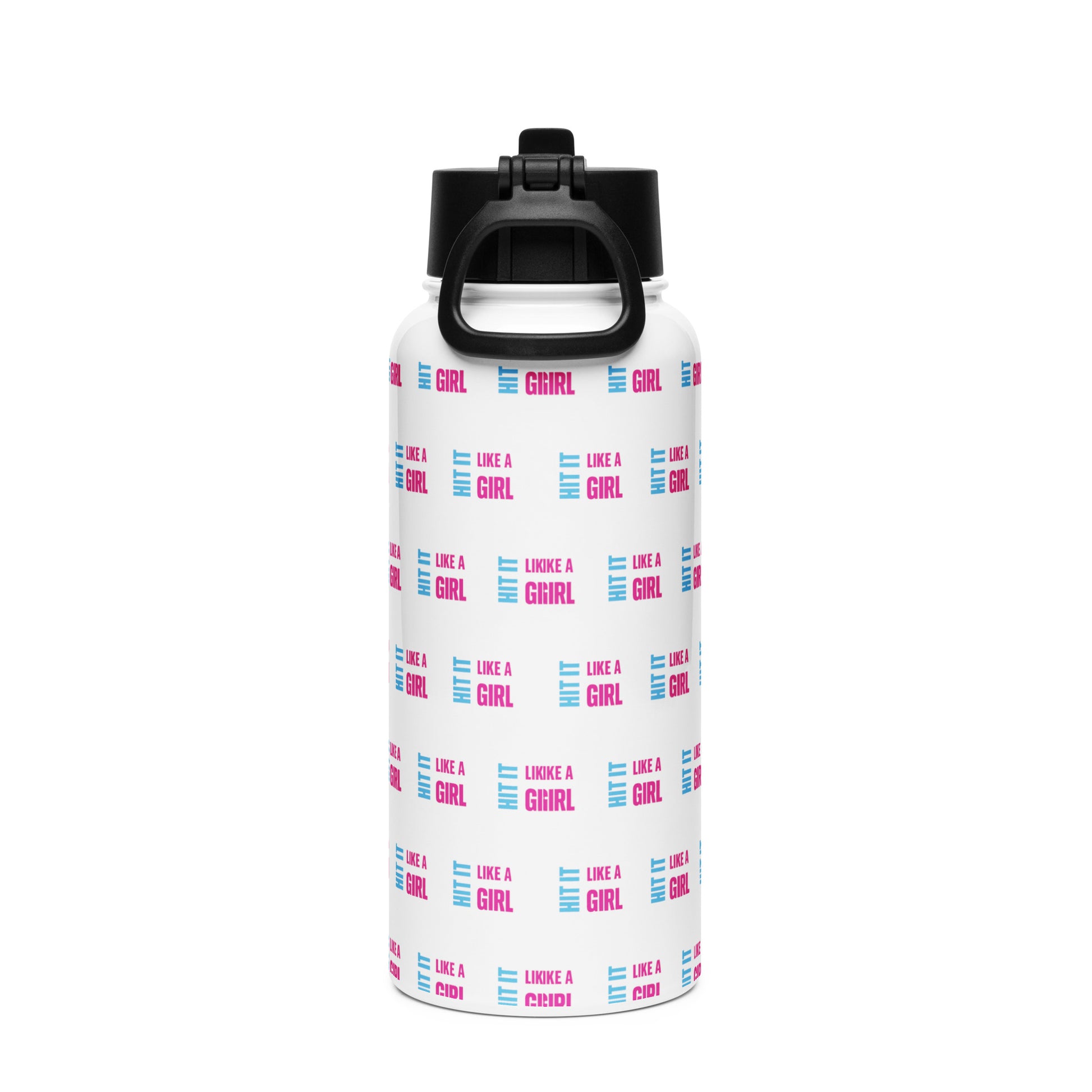 Empowering water bottle covered in repeating Hit It Like a Girl logos — stylish and functional drinkware for confident women.