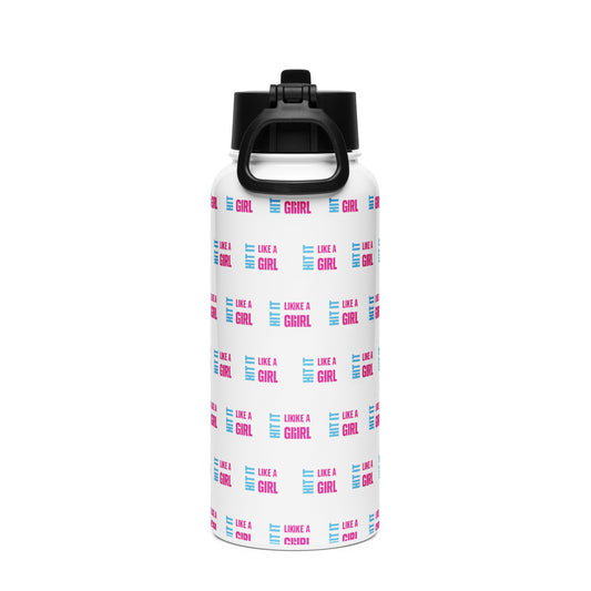 Empowering water bottle covered in repeating Hit It Like a Girl logos — stylish and functional drinkware for confident women.