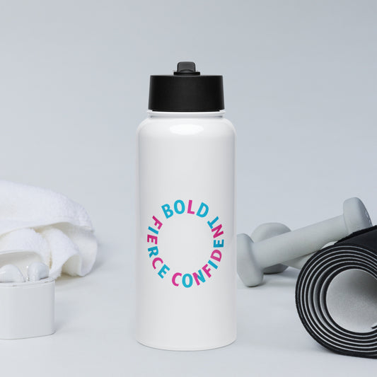 White sports water bottle with bold, fierce, confident text in a circular design — empowering hydration gear for active women.