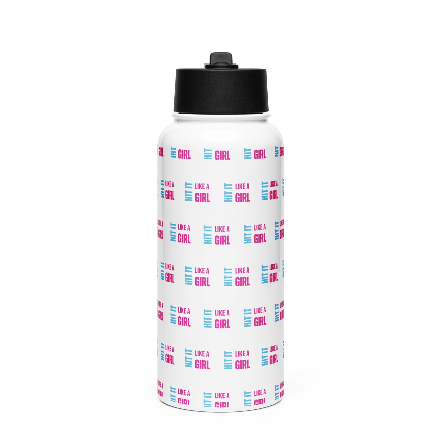 White stainless steel water bottle with all-over Hit It Like a Girl logo pattern — bold hydration accessory for fierce athletes.