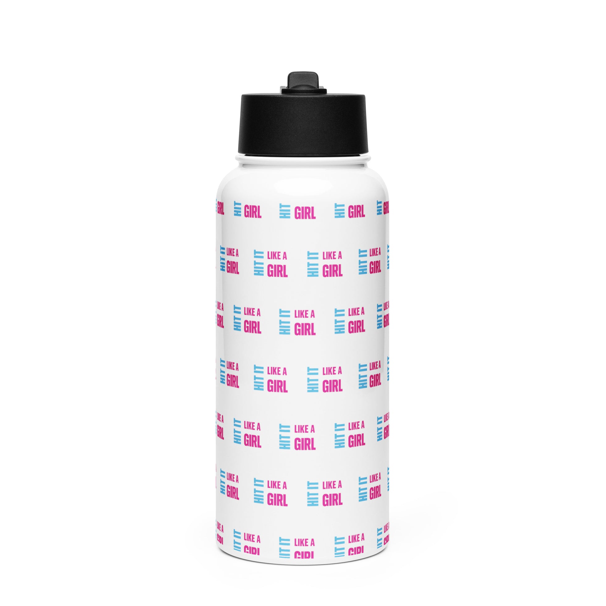 White stainless steel water bottle with all-over Hit It Like a Girl logo pattern — bold hydration accessory for fierce athletes.
