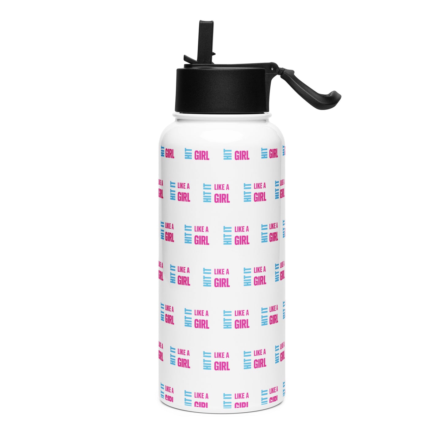 Durable white water bottle with Hit It Like a Girl branding in pink and blue — perfect for gym, school, or everyday hydration.