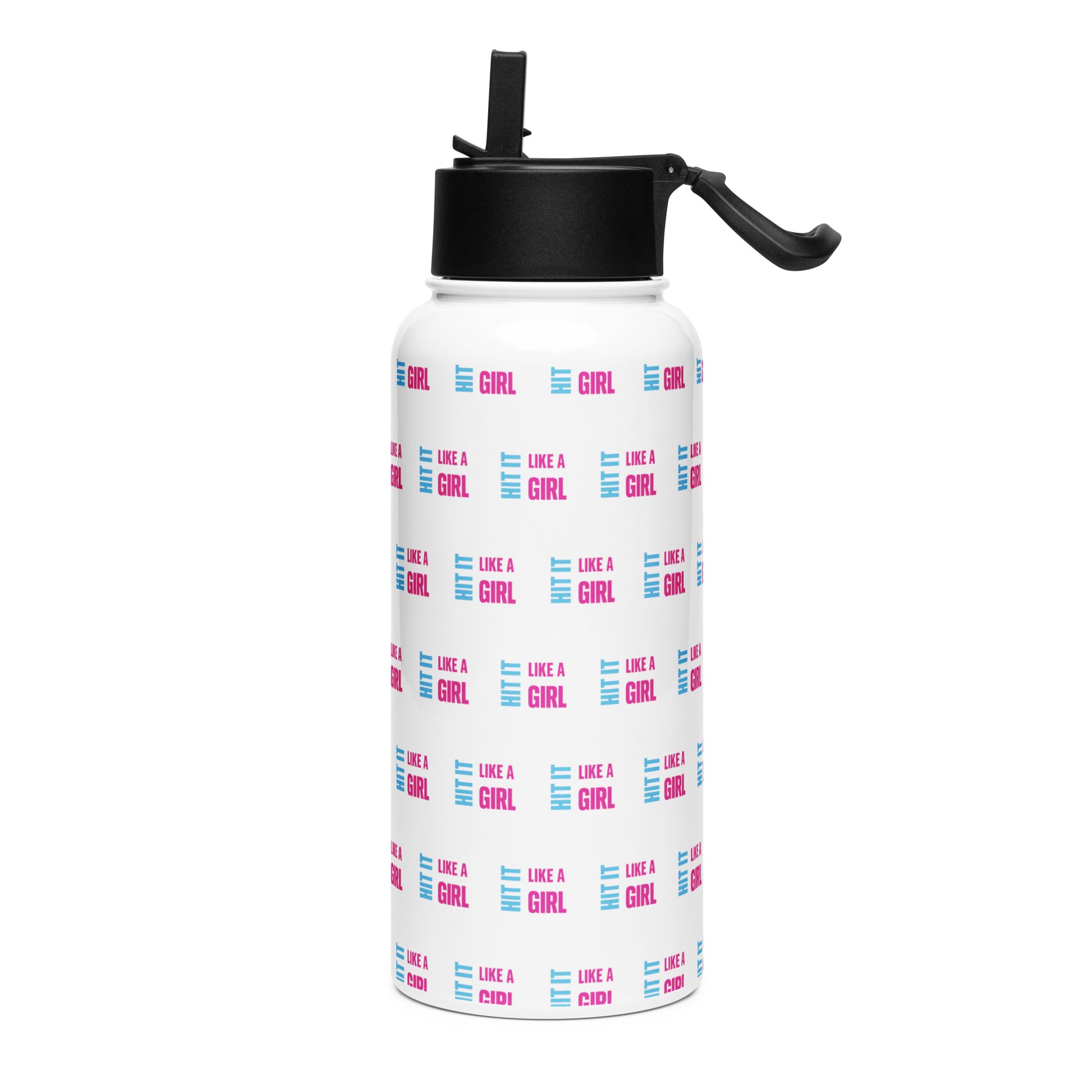 Durable white water bottle with Hit It Like a Girl branding in pink and blue — perfect for gym, school, or everyday hydration.