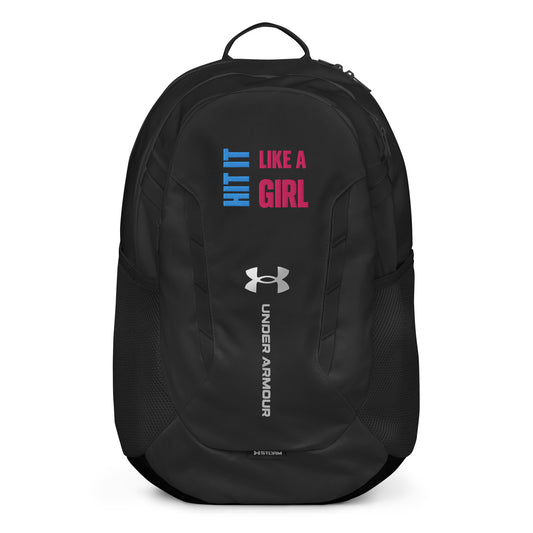 Black Under Armour® backpack featuring Hit It Like a Girl logo — durable performance bag for strong, confident athletes.