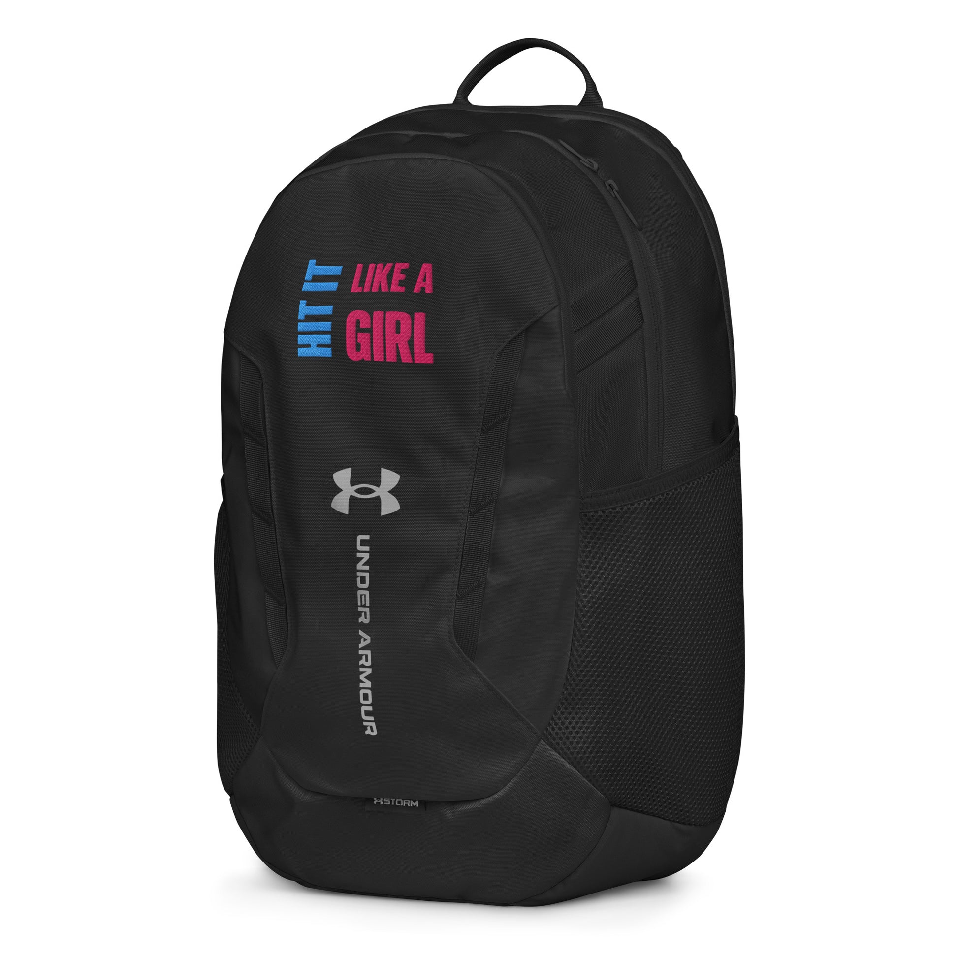Branded women’s performance backpack — Under Armour® x Hit It Like a Girl collab in sleek black.