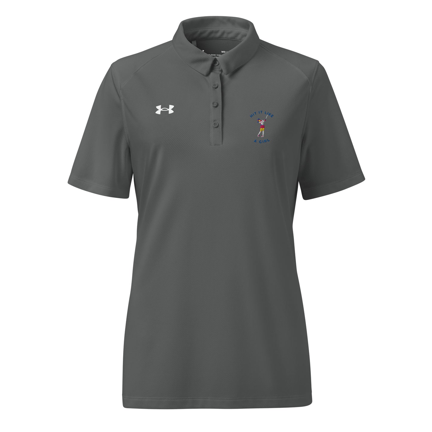 Gray Under Armour polo shirt featuring “Hit It Like a Girl” embroidered golf logo, combining sporty performance with bold feminine energy.
