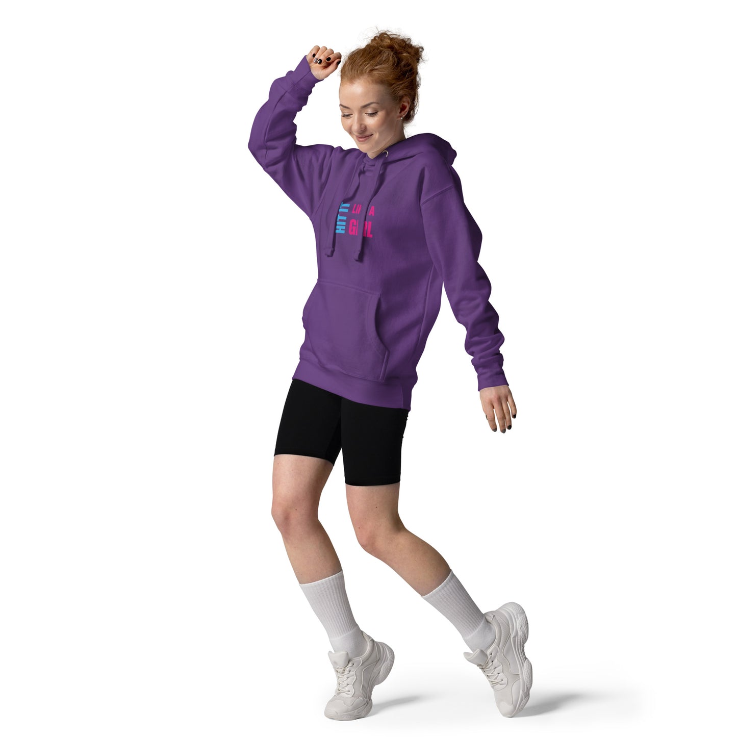 High-energy women’s hoodie outfit featuring the Hit It Like a Girl brand — sporty, fierce, and unapologetically strong.