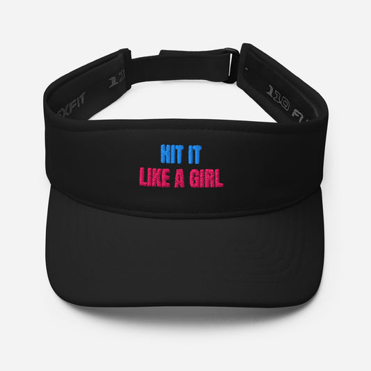 Black athletic visor with "Hit It Like a Girl" logo in pink and blue embroidery, designed for female athletes in tennis, golf, pickleball, and more.