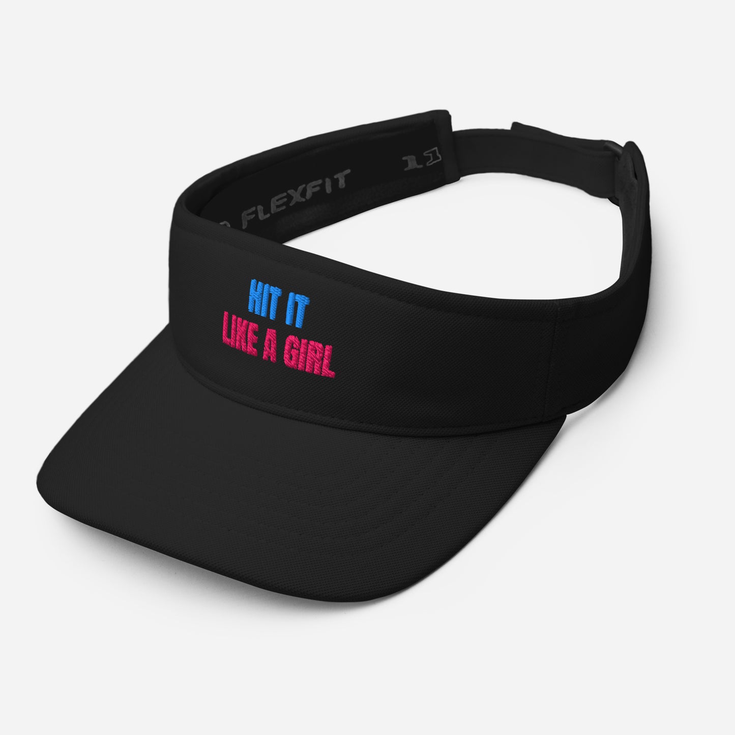 Black athletic visor with "Hit It Like a Girl" logo in pink and blue embroidery, designed for female athletes in tennis, golf, pickleball, and more.