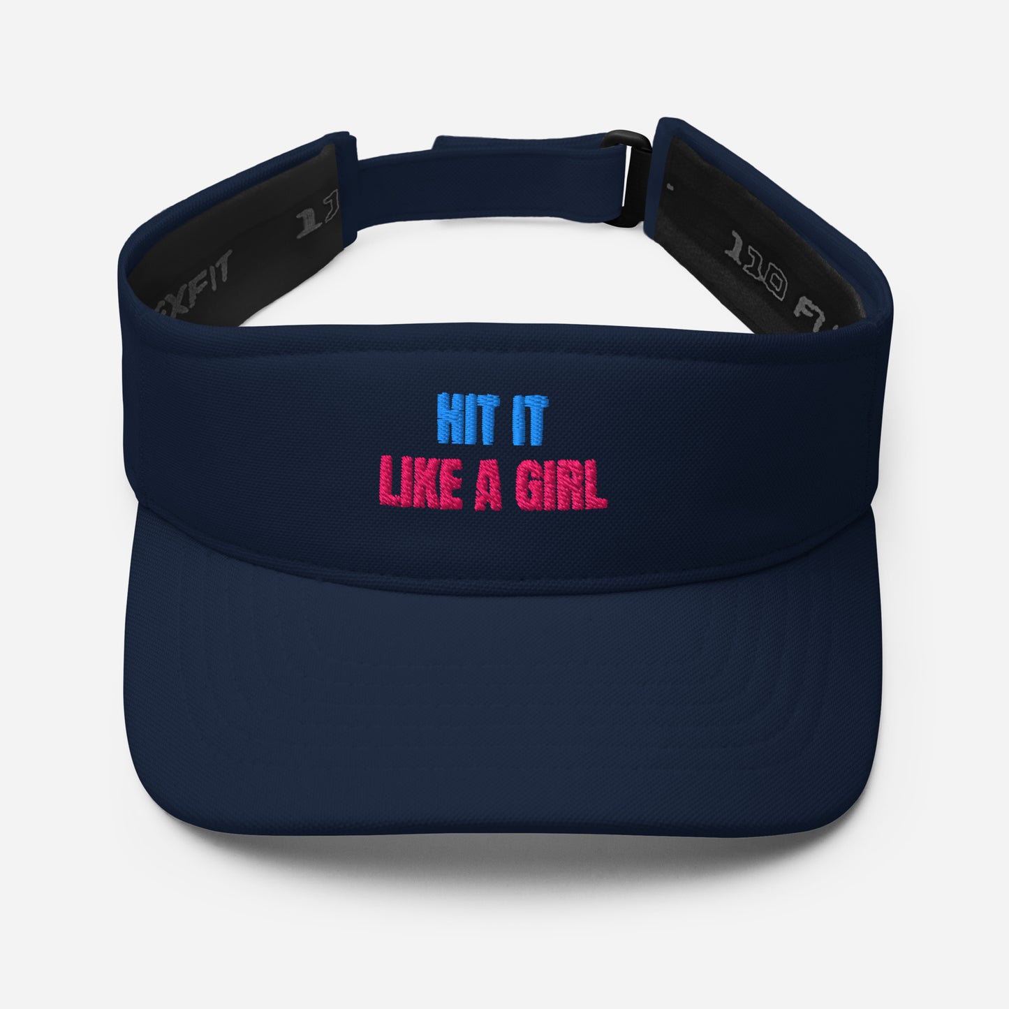 Navy blue athletic visor with "Hit It Like a Girl" logo in pink and blue embroidery, designed for female athletes in tennis, golf, pickleball, and more.
