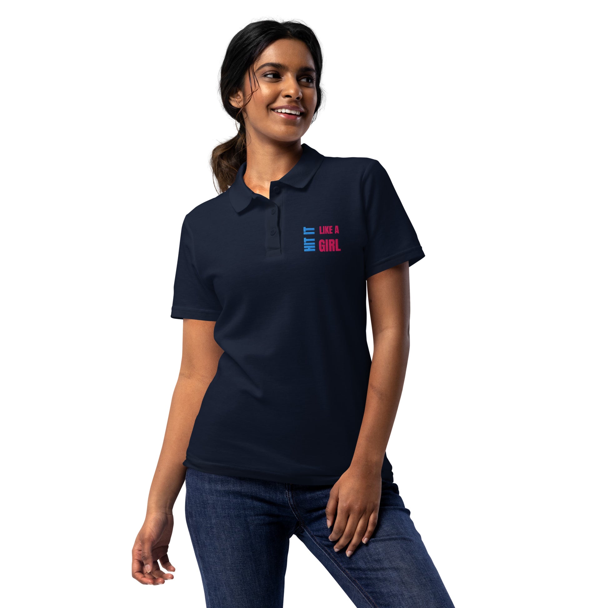 Female model in fitted Hit It Like a Girl polo — empowering women’s activewear blending confidence and style.